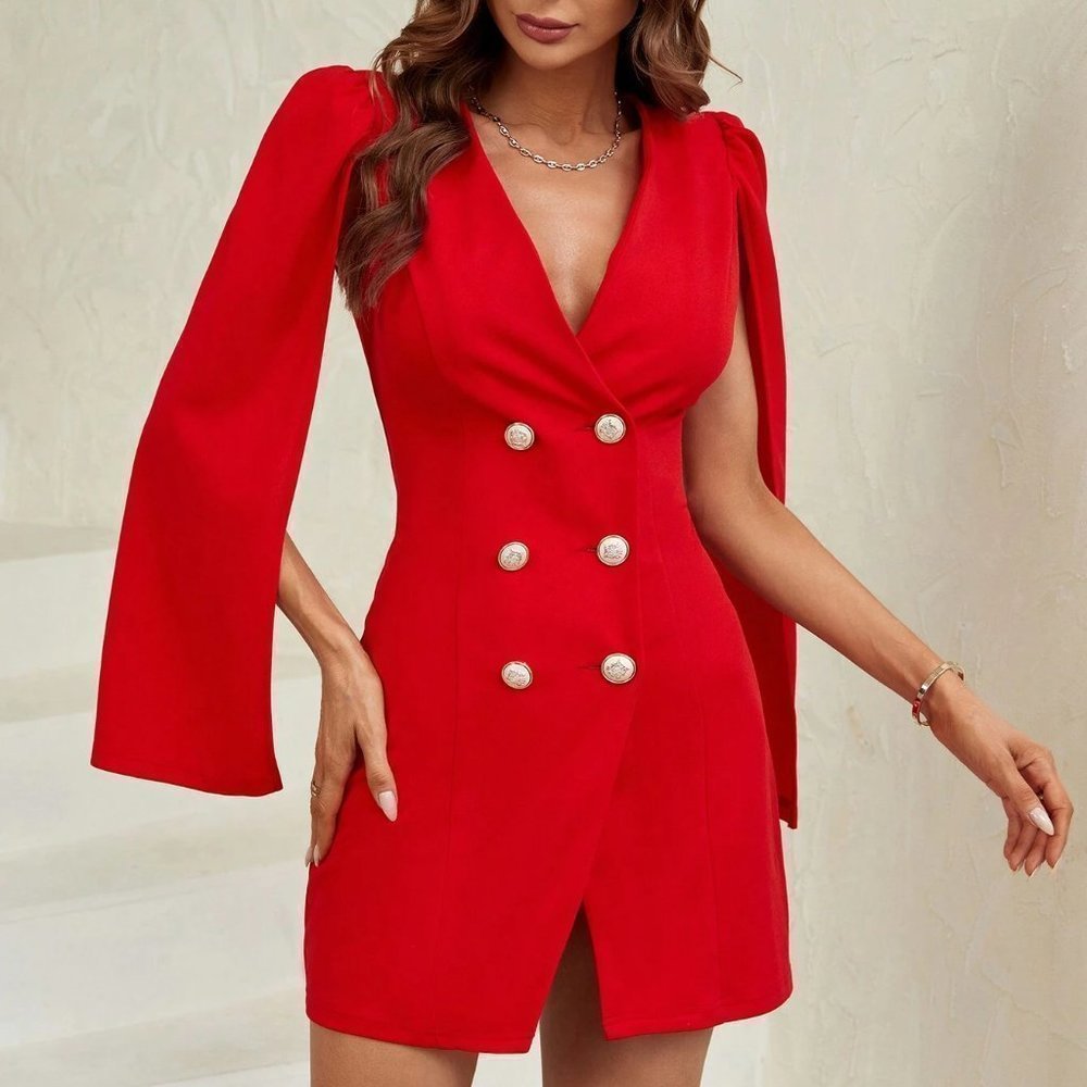 Red Preppy Womens Cloak Sleeve Double Breasted Placket Blazer Dress